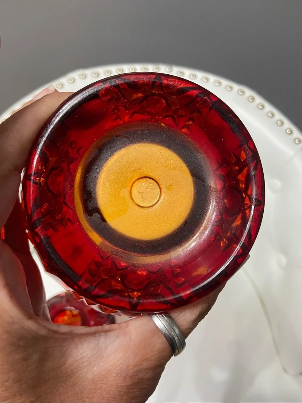 Vintage INDIANA GLASS Fairy Lamp Ruby Flash Red over Amber STARS & BARS - Picture 9 of 17